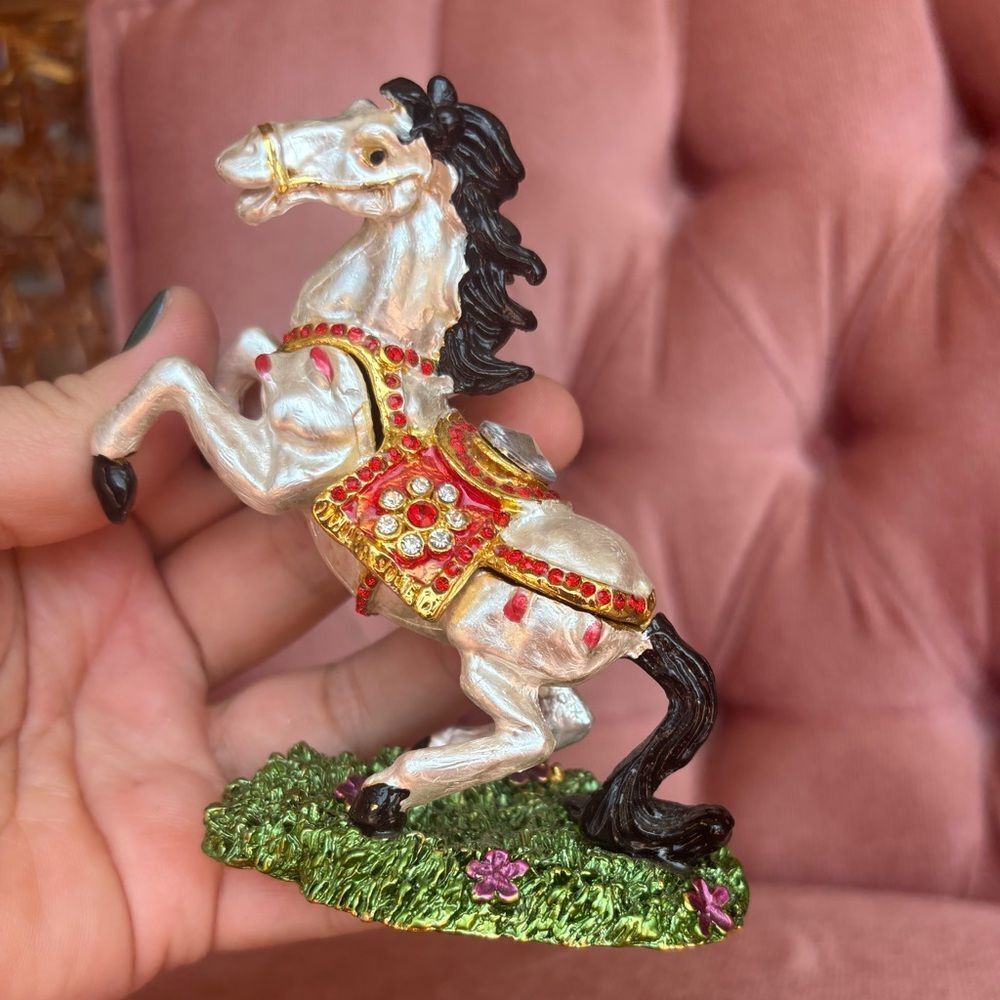 🐎 Jeweled Rearing Horse Trinket Box Enamel Carousel Hinged Mahjong mini dice